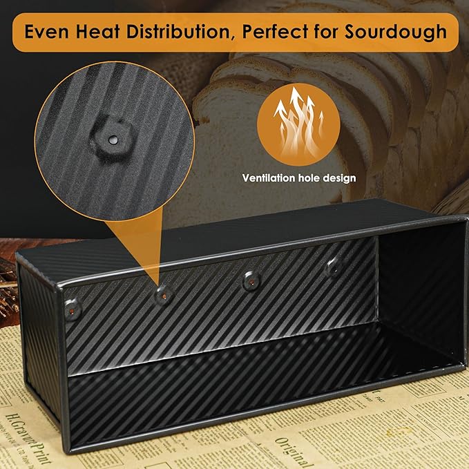 2.2lb Pullman Loaf Pan with Lid, 13inch SP-031 Bread Pan with Dough Scraper Cutter, Black Covered Loaf Pan for Sandwich Bread