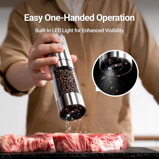 ThermoMaven Electric Salt and Pepper Grinder Set, 110ml Larger Rechargeable Automatic Salt and Pepper Mill Grinder with 6 Adjustable Coarseness, Electric Salt and Pepper Shakers, LED, Matcha