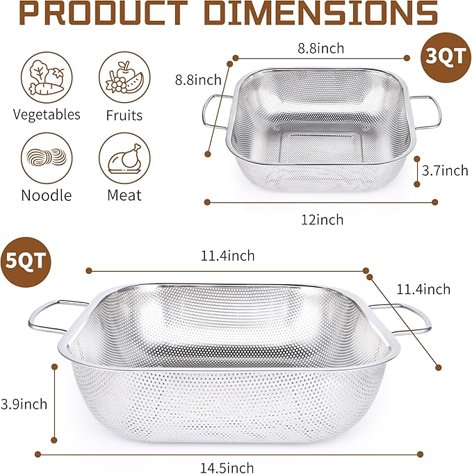 Gulex Colander Stainless Steel 3-Quart, Square Metal Strainers, Strainer for Kitchen Food, Dishwasher Safe