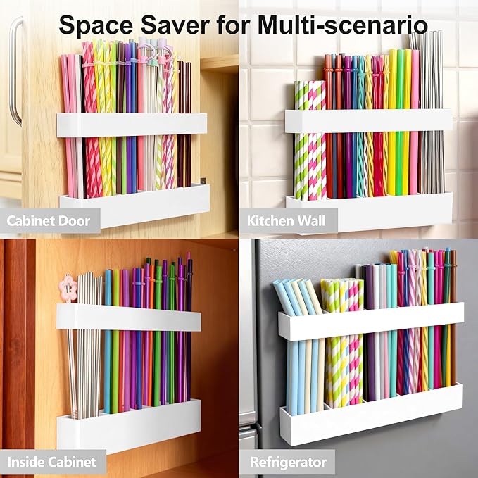 9.5” Large Acrylic Straw Holder for Cabinet Door, Reusable Adjustable Two-Part Straws Organizer with Ultra Sticky Adhesive Strips, 2026 Straw Storage for Kitchen Cupboard (White)