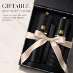 Wooden Salt and Pepper Grinder Set – Refillable Manual Salt and Pepper Mills with Adjustable Ceramic Burrs, Gold Detailing, and Wood Stand – Black