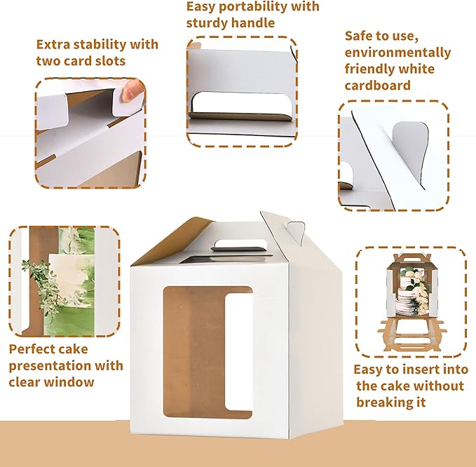14x14x14 Inch Tall Cake Boxes for Tier Cakes,3pack Large Tiered Cake Boxes with windows, 12in 14in Sturdy Layer Cake Carrier,Disposable Cake Containers