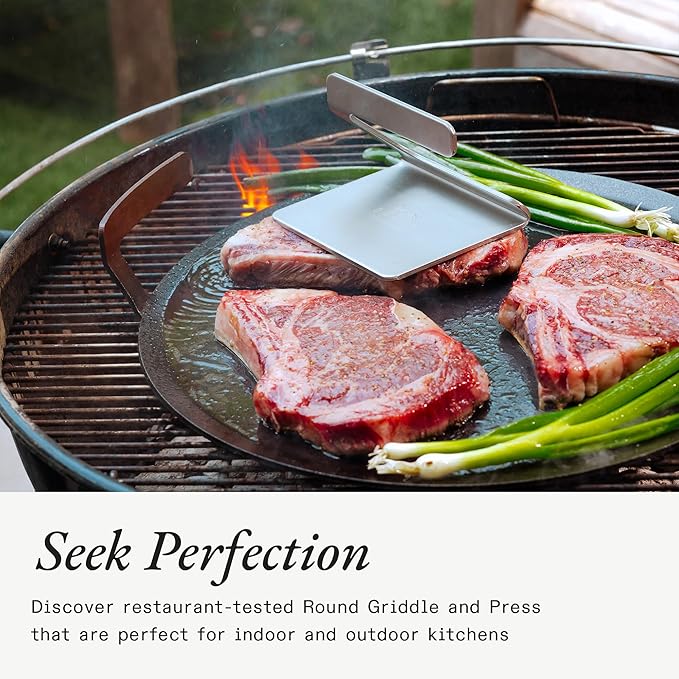 Made In Cookware - Seasoned 17" Round Carbon Steel Griddle + Grill Press - (Like Cast Iron, but Better) - Professional Cookware - Crafted in Sweden - Induction Compatible