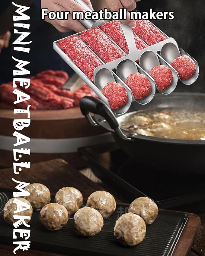4-in-1 Meatball Maker Tool, 304 Stainless Steel Meatball Scoop & Mold, Makes 4 Uniform Meatballs at Once, Nonstick Release, Dishwasher Safe, for Pasta, Soup, Meal Prep & Party Appetizers