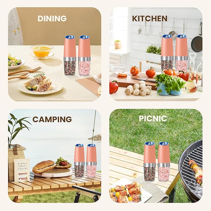Gravity Electric Salt And Pepper Grinder Set, Automatic Salt And Pepper Grinder Set, Battery Powered (6 AAA Batteries Each), Adjustable Roughness, LED Light, 2 Pack, (Pink)