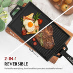 BIG HORN OUTDOORS Cast Iron Griddle Reversible Grill Plate with Handle for Oven, Stove, Grill
