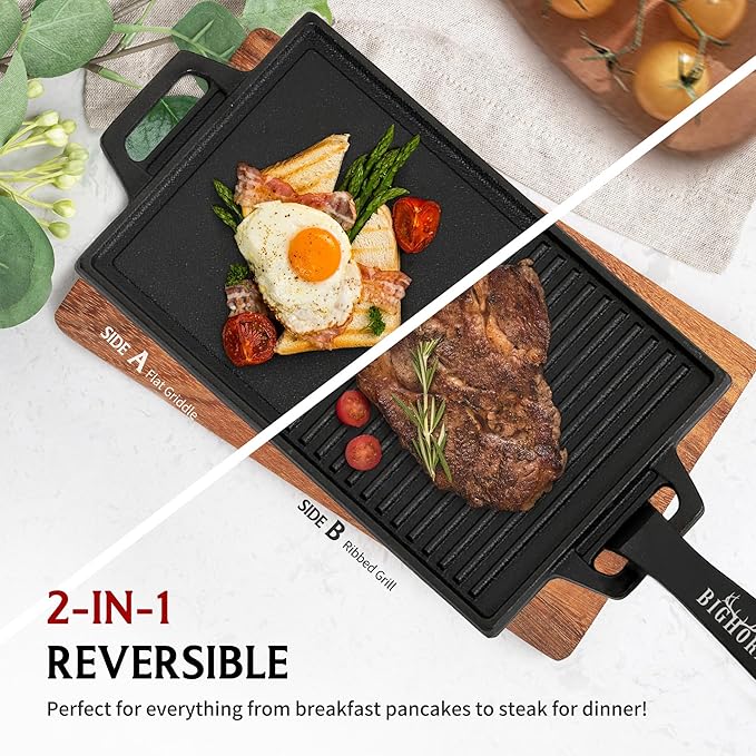 BIG HORN OUTDOORS Cast Iron Griddle Reversible Grill Plate with Handle for Oven, Stove, Grill