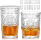 Vintage Drinking Glasses Set of 12, Textured Clear Striped Glass Cups-6 Highball Glasses 12oz & 6 Rocks Glasses 10oz, Mixed Glassware Set, Mojito Cups, Cocktail Glass, Iced Coffee Cup