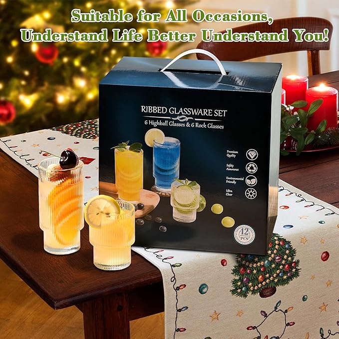 ISMASOAN Small Ribbed Glassware Set of 12, Glass Cups 12 oz and 7 oz, Fluted Glassware, Stackable Glasses, Cups for Kitchen, Gift Box Set