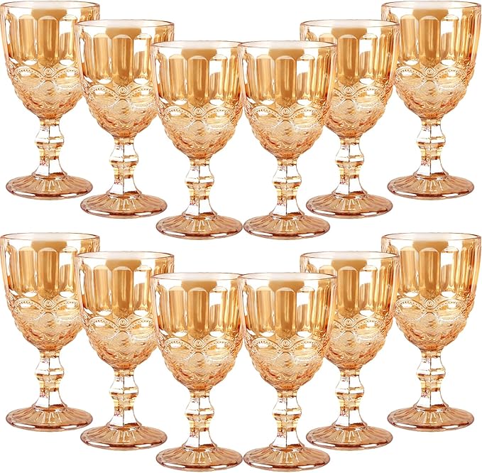 12 Pcs Vintage Wine Glasses, 10 Ounces Colored Glass Water Goblets, Unique Embossed Pattern High Clear Stemmed Glassware Wedding Party Bar Glass Drinking Cups, Floral Amber Glasses Set of 12