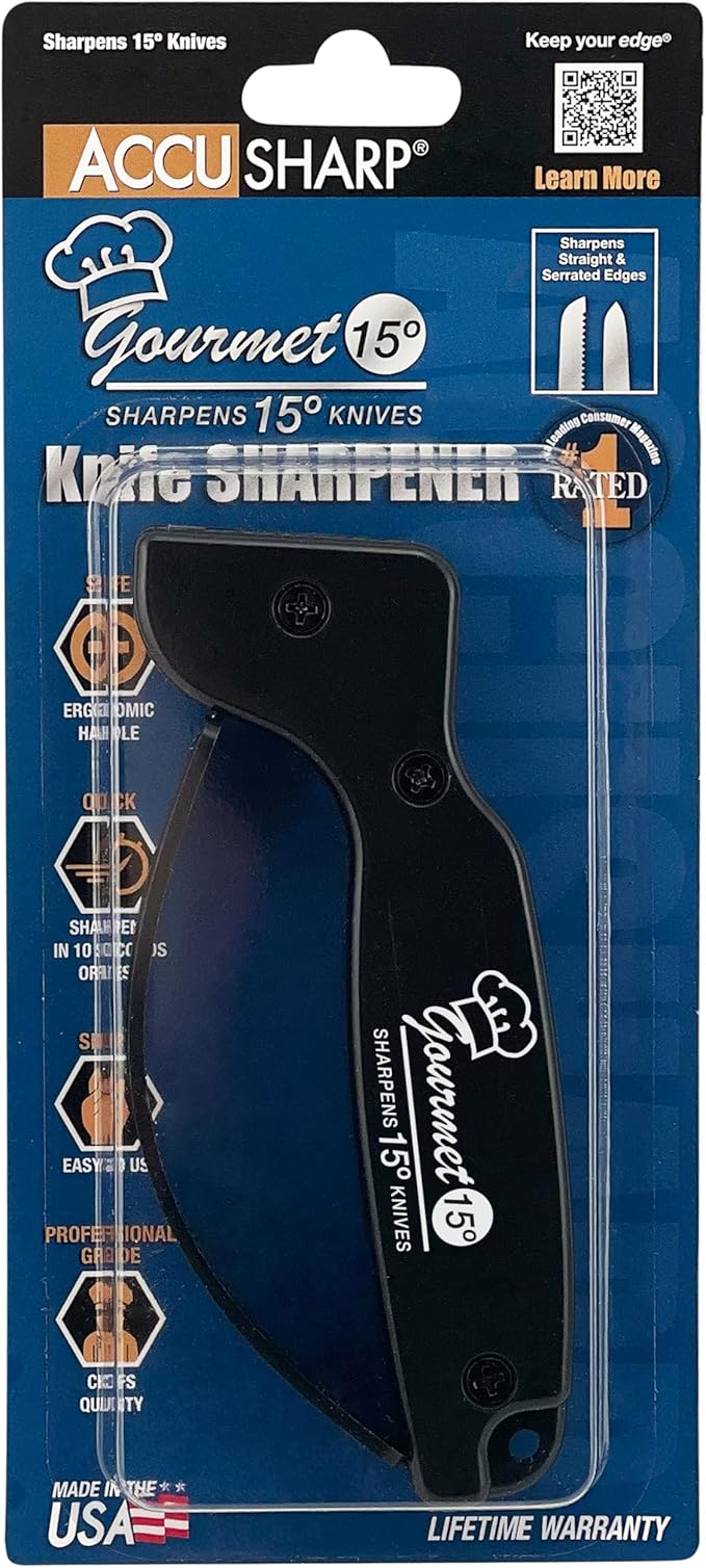 AccuSharp Gourmet Series, 15 Degree Knife Sharpener for Gourmet Knives, Diamond-Honed Tungsten Carbide Reversible Blades, Hones & Refines Straight-Edge or Serrated Gourmet Knives, Hand-Held, Black