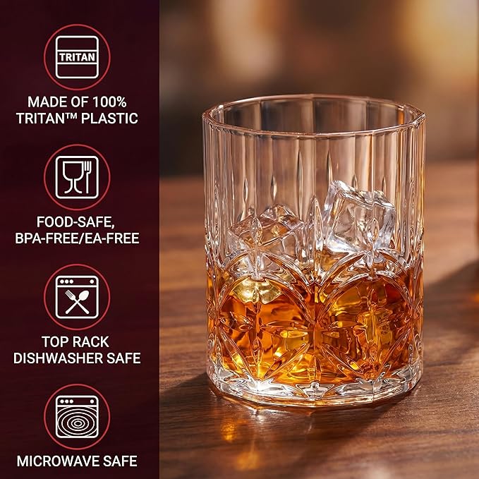 BELLAFORTE Tritan Plastic Whiskey Glasses Set of 4, 13oz Unbreakable Wine Glasses, Shatterproof Crystal Cut Drinking Glasses for Old Fashioned, Cocktails - BPA Free - Dishwasher Safe - Clear
