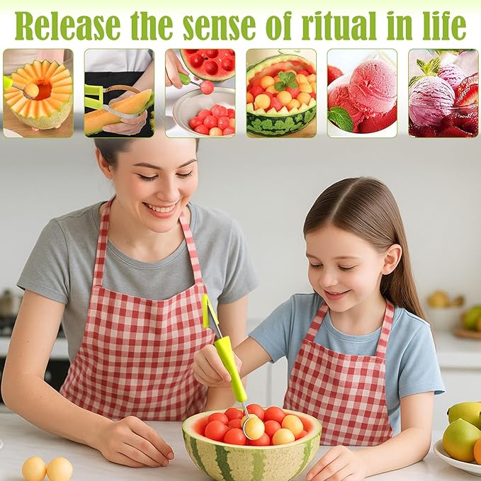 Suuker Melon Baller Scoop Set,4 In 1 fruit cutters shapes, watermelon scooper fruit scooper and baller, fruit carving tools（Green）