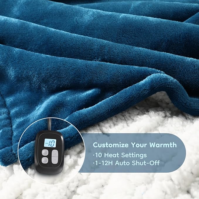 Electric Heated Blanket Queen Size - 84"x90", Soft Flannel Heating Blanket, 10 Heating Levels, 1-12 H Auto Shut Off, Dual Controllers, Breathable Warm and Washable for Bed, Lake Blue