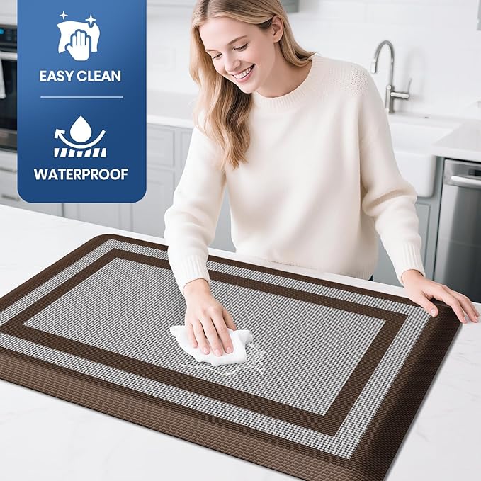 KitchenClouds [2 PCS Kitchen Rugs Cushioned Anti-Fatigue Kitchen Mats for Floor Waterproof Kitchen Rug Set Non-Slip Comfort Standing Mat for Office, Sink, Laundry 17.3"×29"+17.3"×47",Chocolate