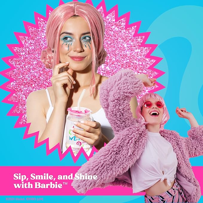Dragon Glassware x Barbie The Movie - 16 oz Glass Cups with Lids and Straws, Set of 2 - Iced Coffee Cups with Lids - Versatile Glass Tumbler with Straw and Lid for Hot or Cold Drinks - Weird Barbie