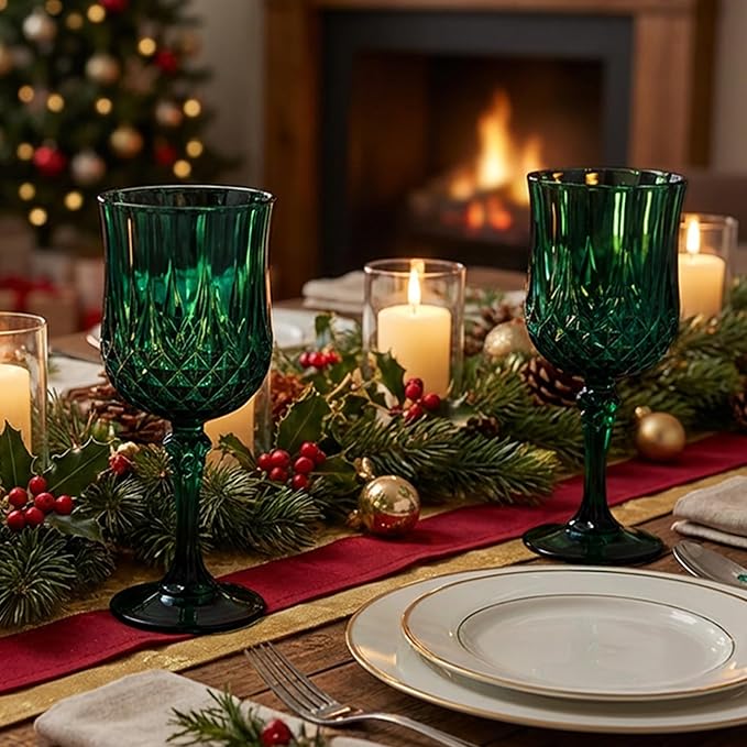 Plastic Wine Glasses, Plastic Goblets Vintage Style Cordial Unbreakable Drinking Glasses, Reusable Drinkware for Wedding Reception, Grand Event Party Supplies (12, Green)