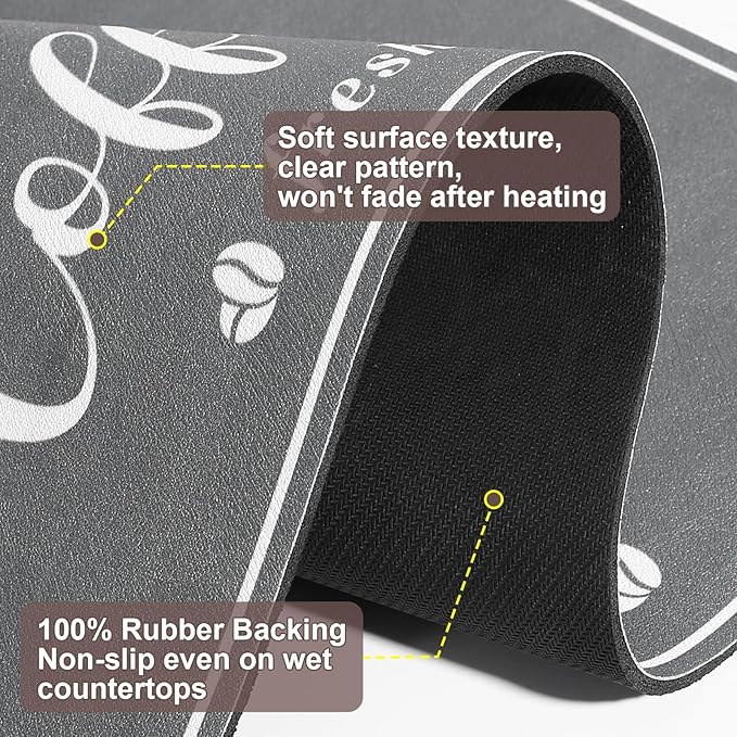 CooRug Absorbent Coffee Mat, Fashion Dish Drying Mat for Kitchen Counter Coffee Bar Accessories Espresso Machine Dish Rack 17" x 32" Dark Grey