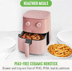 GreenLife 4.5QT Air Fryer, Mechanical Dial Controls, PFAS-Free Ceramic Nonstick Drawer, Adjustable Temp & Timer, LED Indicator, Oil-Less Cooking, Dishwasher Safe, Compact Family Size, Pink