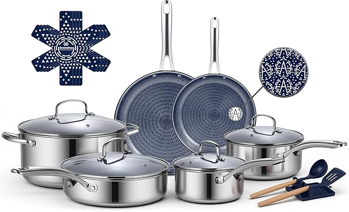 Ammeloo Hybrid Stainless Steel Cookware Set, 17-Piece Tri-Ply Pots and Pans Set Non Stick, Induction Kitchen Cookware Sets, Dishwasher & Oven Safe, PFOA Free, All Cooktops Compatible, Navy Blue
