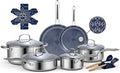 Ammeloo Hybrid Stainless Steel Cookware Set, 17-Piece Tri-Ply Pots and Pans Set Non Stick, Induction Kitchen Cookware Sets, Dishwasher & Oven Safe, PFOA Free, All Cooktops Compatible, Navy Blue