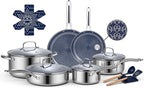 Ammeloo Hybrid Stainless Steel Cookware Set, 17-Piece Tri-Ply Pots and Pans Set Non Stick, Induction Kitchen Cookware Sets, Dishwasher & Oven Safe, PFOA Free, All Cooktops Compatible, Navy Blue