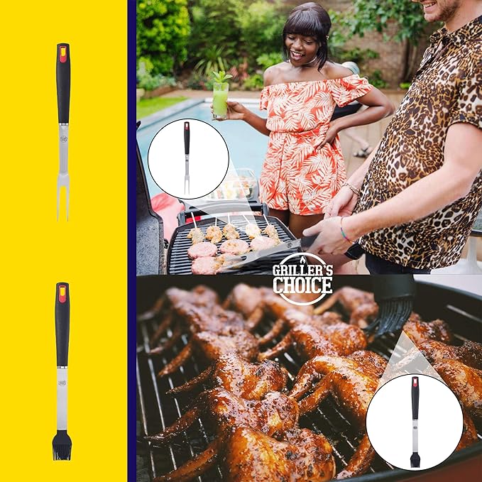 Grillers Choice -Grill Accessories for Outdoor Grill-4 pc -Grilling Tools. Commercial Professional Barbecue Set. Heavy Duty and Strong. BBQ Thongs, Fork, Spatula, Baster by Grillers Choice