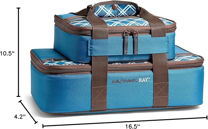 Rachael Ray Lugger Duo, Insulated Casserole Carrier for Hot or Cold Food, Thermal Lasanga Lugger Tote for Pockluck, Parties, Picnic, and Cookouts, Fits 9" x 13" Baking Dish, Blue Plaid