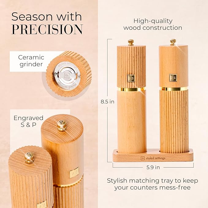 Wooden Salt and Pepper Grinder Set – Refillable Manual Salt and Pepper Mills with Adjustable Ceramic Burrs, Gold Detailing, and Wood Stand