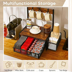 DGWJSU Tea Bag Organizer, Wood Tea Organizer and Storage Cheast, Tea Bag Holder with Storage Drawer, 4 Hooks for Tea Cups Holder, Tea Station Chest Display Container Box for Countertop Kitchen