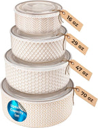 KooK Serving Bowls, with Lids, Ceramic Nesting Bowls, Set of 4, Embossed, Kitchen, Prep, Stackable, Gift, Microwave and Dishwasher Safe, 16/29/47/70 oz, Narbonne Collection (Ivory)