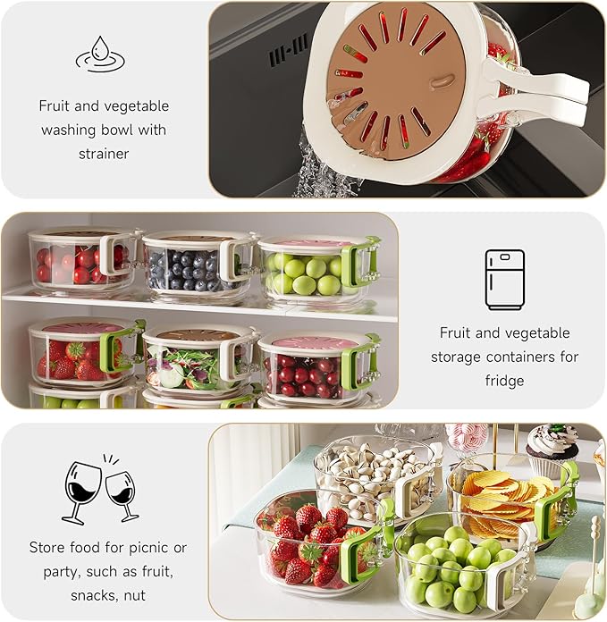 Stackable snake container for kids toddler adult, reusable prep snackle box, Fruit Washing Bowl, Multifunctional, Berry Keeper, Portable Colander Storage Container for Kitchen, Picnic, 2 Pack(Brown)