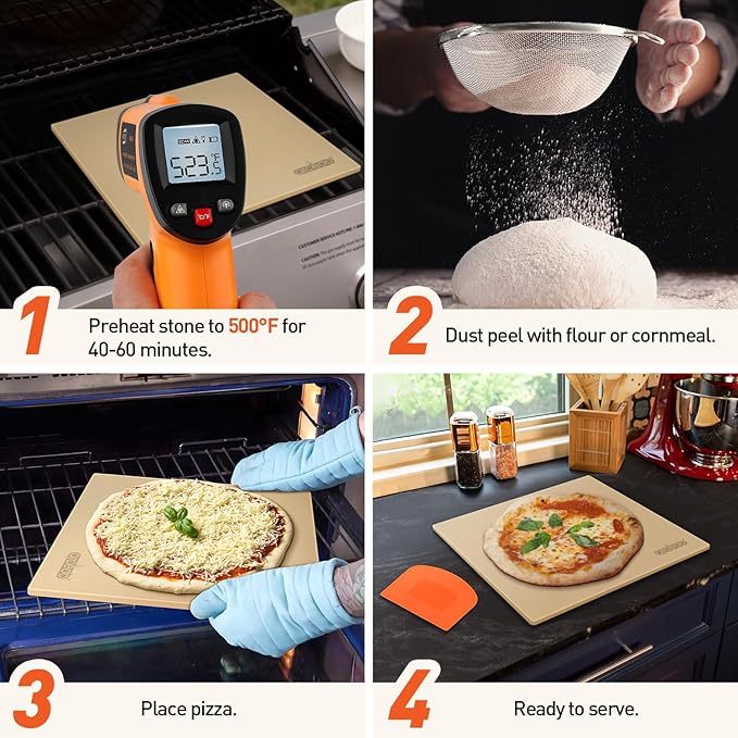 Arcedo Pizza Stone for Oven and Grill 13 Inch, Baking Stones for Bread Thermal Shock Resistant 13x13 Square Pizza Grilling Pans Replacement with PE Scraper