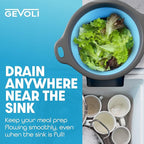 Gevoli Strainer with Self-Draining Base (5QT) Over-Sink Collapsible Kitchen Colander Set with Side-drain Base for Pasta Vegetables and Fruit, XL Large Capacity, Dishwasher Safe (5-Quart) Blue/Gray