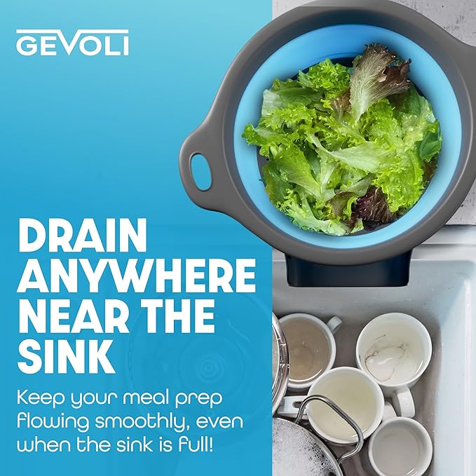 Gevoli Strainer with Self-Draining Base (5QT) Over-Sink Collapsible Kitchen Colander Set with Side-drain Base for Pasta Vegetables and Fruit, XL Large Capacity, Dishwasher Safe (5-Quart) Blue/Gray