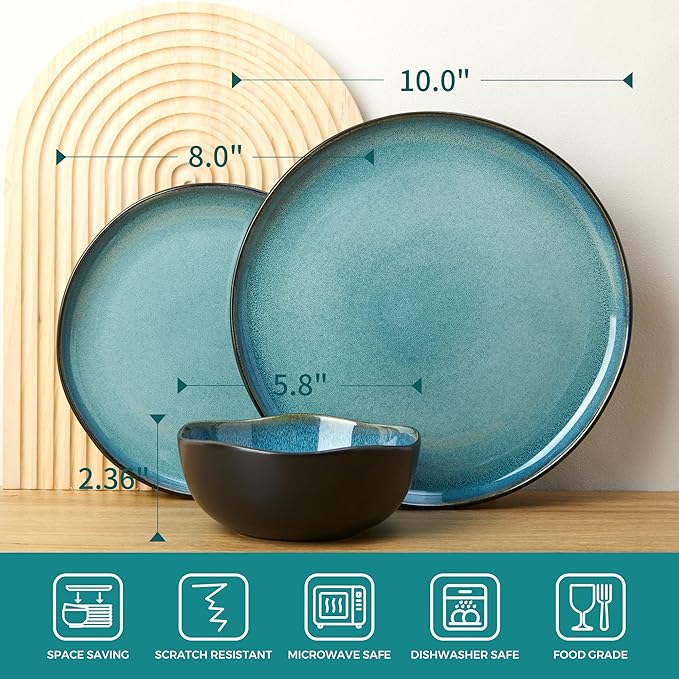 Pokini Stoneware Dinnerware Sets, Kitchen Plates and Bowls Set, Ceramic Dish Set for 4, Modern Chip & Scratch Resistant Dishware Sets, Durable Reactive Glaze Dinner Set, Green Black