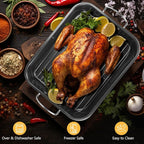 Nonstick Roasting Pan with Rack, 14.5x11.4’’ Baking Pan for Oven with Rack & Silicon Hand Clip, Heavy Duty Dishwasher Safe Rectangular Lasagna Pan with Handle for Turkey Chicken, Dark Grey