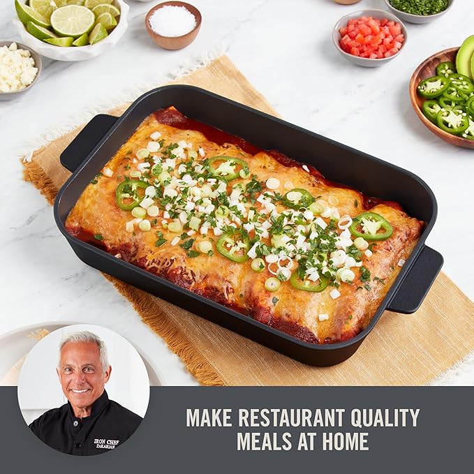Zakarian x Dash Nonstick Cast Iron Baker - Oven-Safe Baking Pan for Pasta, Casseroles, Crumbles, and More - Easy-Release, Rust-Resistant, and Even Heat Distribution - Black, 9-Inch x 13-Inch