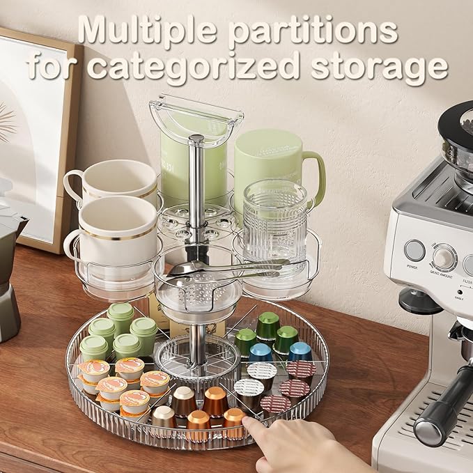 Rotating Coffee Bar Accessories Organizer, 2-Tier Lazy Susan Cup Holder for Stanley 40oz Tumbler with Handle, Countertop Drying Rack Station with Divided Tray for K-Cups, Snacks & Mugs