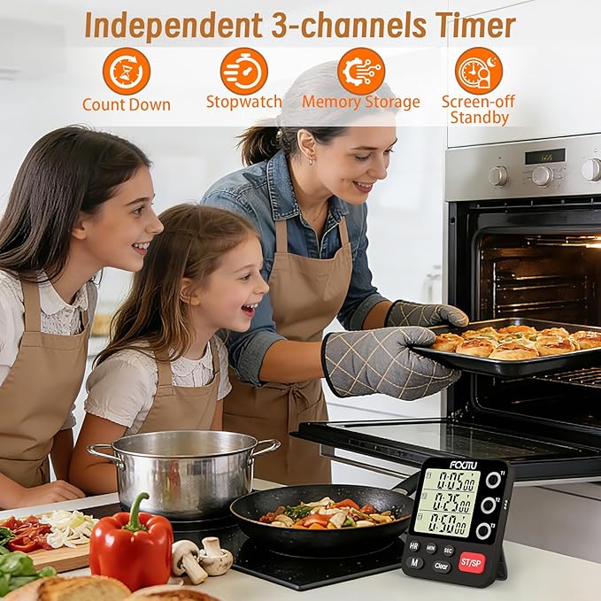 FCXJTU Digital Dual Triple Kitchen Timer, 3-Channel Magnetic Countdown Timer for Cooking, Large Display Stopwatch Multi Food Classroom Timer Loud Alarm for Seniors Teachers Battery Included (Black)