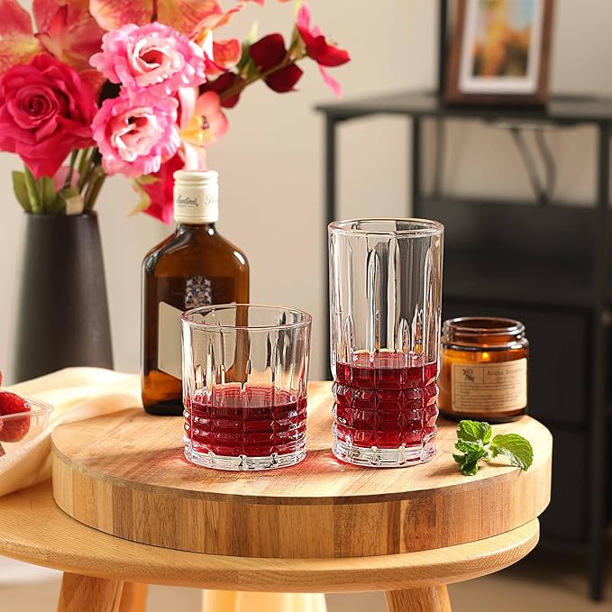 Moretoes Drinking Glasses Set of 12, 6 Highball Glasses 12oz,6 Rocks Glasses 10oz,Mixed Drink Cocktail Glass, Vintage Embossed Glassware Sets for Whiskey,Mocktails, Water & Juice Drinkware