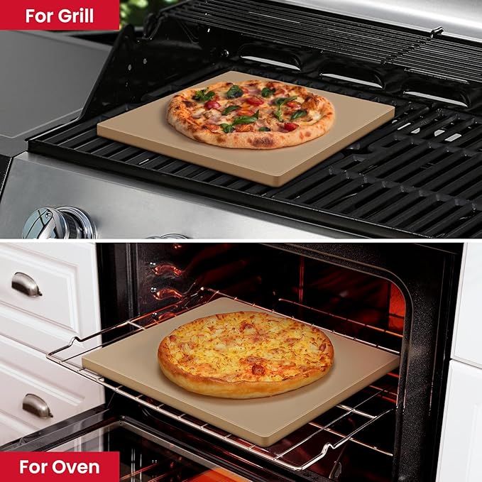 Unicook Pizza Stone for Oven and BBQ Grill, 13 Inch Square Baking Stone for Bread, Cordierite Thermal Shock Resistant Pizza Making Accessory for Oven and Grill, Including Dough Scraper