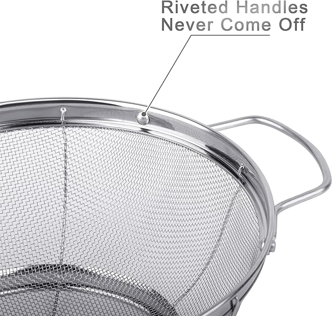5 Pack 18/8 Stainless Steel Colander Sieves, Multi Size Mesh Strainer Net Baskets with Handles & Resting Base for Strain, Drain, Rinse or Steam