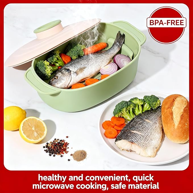 44oz Microwave-Safe Silicone Steamer Bowl with Handle & Lid,9.8x5.7x4in Large BPA-Free Steamer with Removable Rack, Rotating Steam Vent, Freezer & Dishwasher Safe, Ideal for Vegetables, Fish Cooking