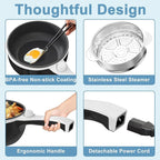 Dezin Hot Pot Electric with Steamer Upgraded, Non-Stick Sauté Pan, Rapid Noodles Electric Pot, 1.5L Mini Pot for Steak, Egg, Fried Rice, Ramen, Oatmeal, Soup with Power Adjustment