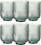 JOVGANK Green Vintage Glassware Set of 6-14Oz Green Water Drinking Glass, Art Deco Ripple Highball Glass, Whiskey Cocktail Glasses, for Bar Ice Coffee Juice, Housewarming Gifts and Mother's Day Gift