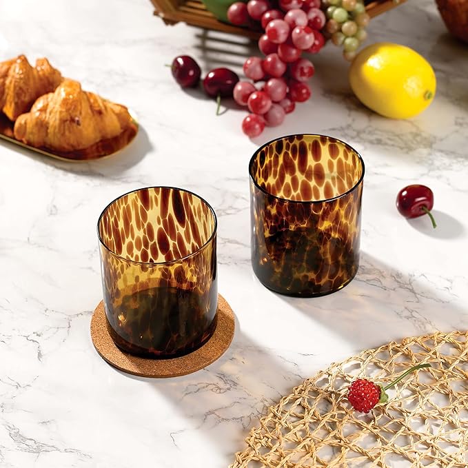 Joseph Sedgh Collection Tortoise Shell DOF Lowball Glass Set of 4 – 10.15 oz Borosilicate Whiskey & Cocktail Glasses – Stylish, Lead-Free, Dishwasher Safe – Gift Box Included