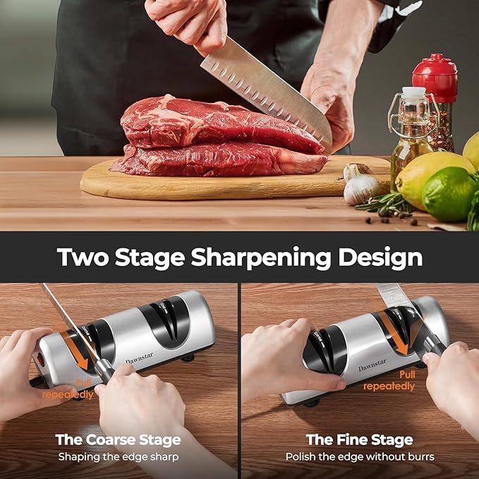 Electric Knife Sharpener, Professional Kitchen Knife Sharpener for Home Use, 2 Stages of Coarse Sharpening & Fine Polishing, Metal Dust Collection Box for Easy Cleaning, Silver Gray