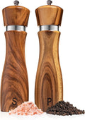 Gennua Kitchen Wooden Salt and Pepper Grinder Set: Refillable Salt & Pepper Mills Adjust for Customized Coarseness, Crafted of Solid Acacia Wood with Ceramic/Stainless Steel Core, 8 Inches Each