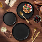 E-far 24-Piece Stoneware Plates and Bowls Sets, Dinnerware Sets for 8, Ceramic Dishware Dishes Set with Terracotta Base, Chip & Scratch Resistant, Microwave & Dishwasher Safe, Matte Black